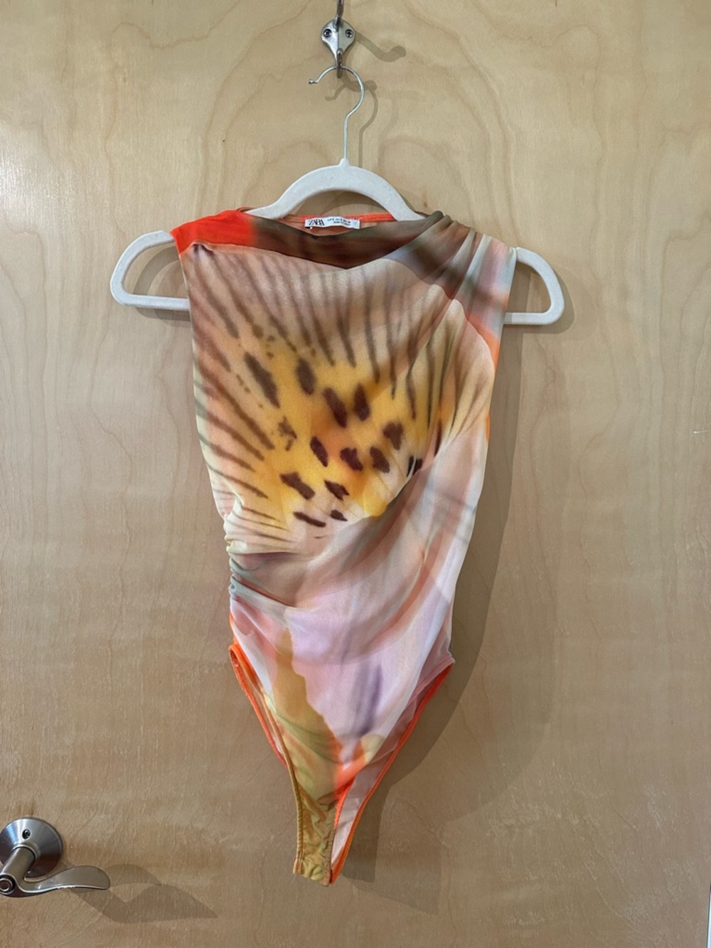Zara Abstract Print Mesh Bodysuit with Ruching - Orange, Yellow, Pink